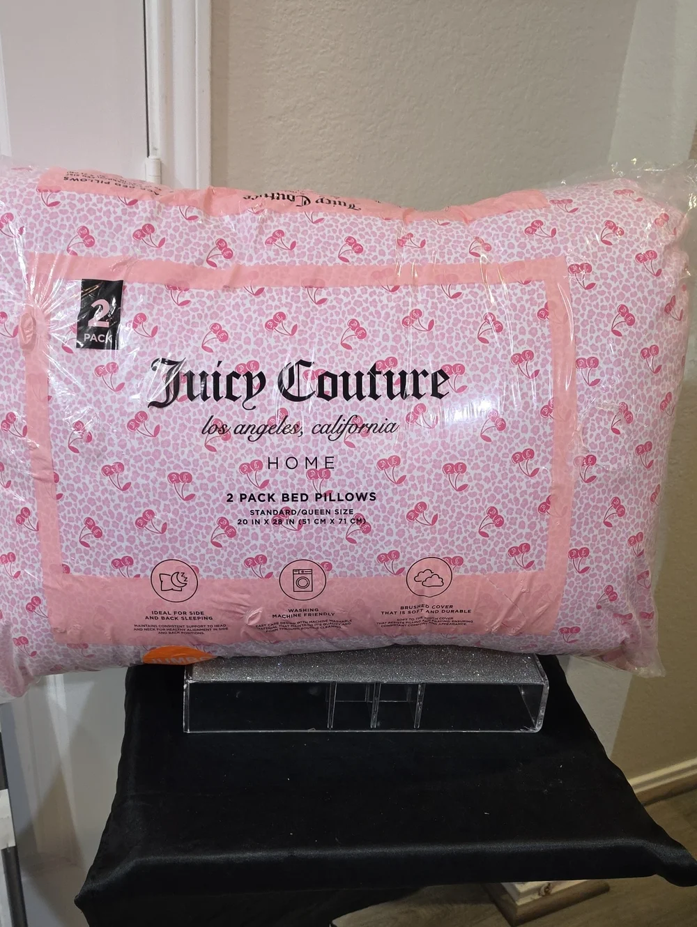 Juicy Couture Pink Home Cherries Leopord Print 2-Pack Jumbo Bed Pillows